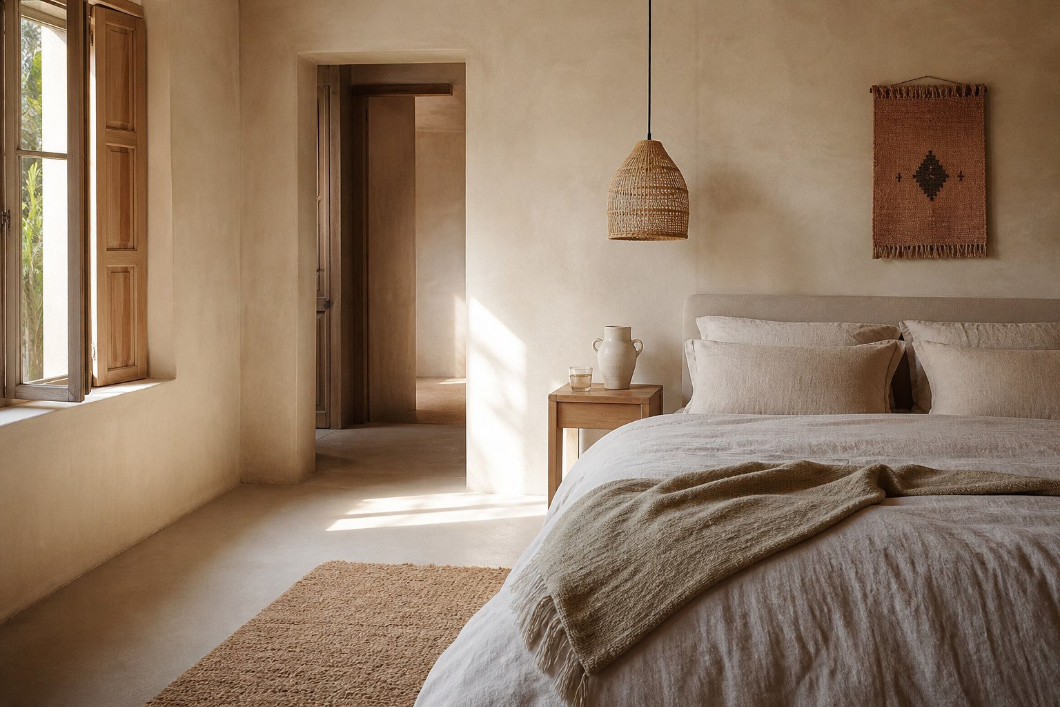 Chambre moderne marocaine en tons naturels avec linge en lin