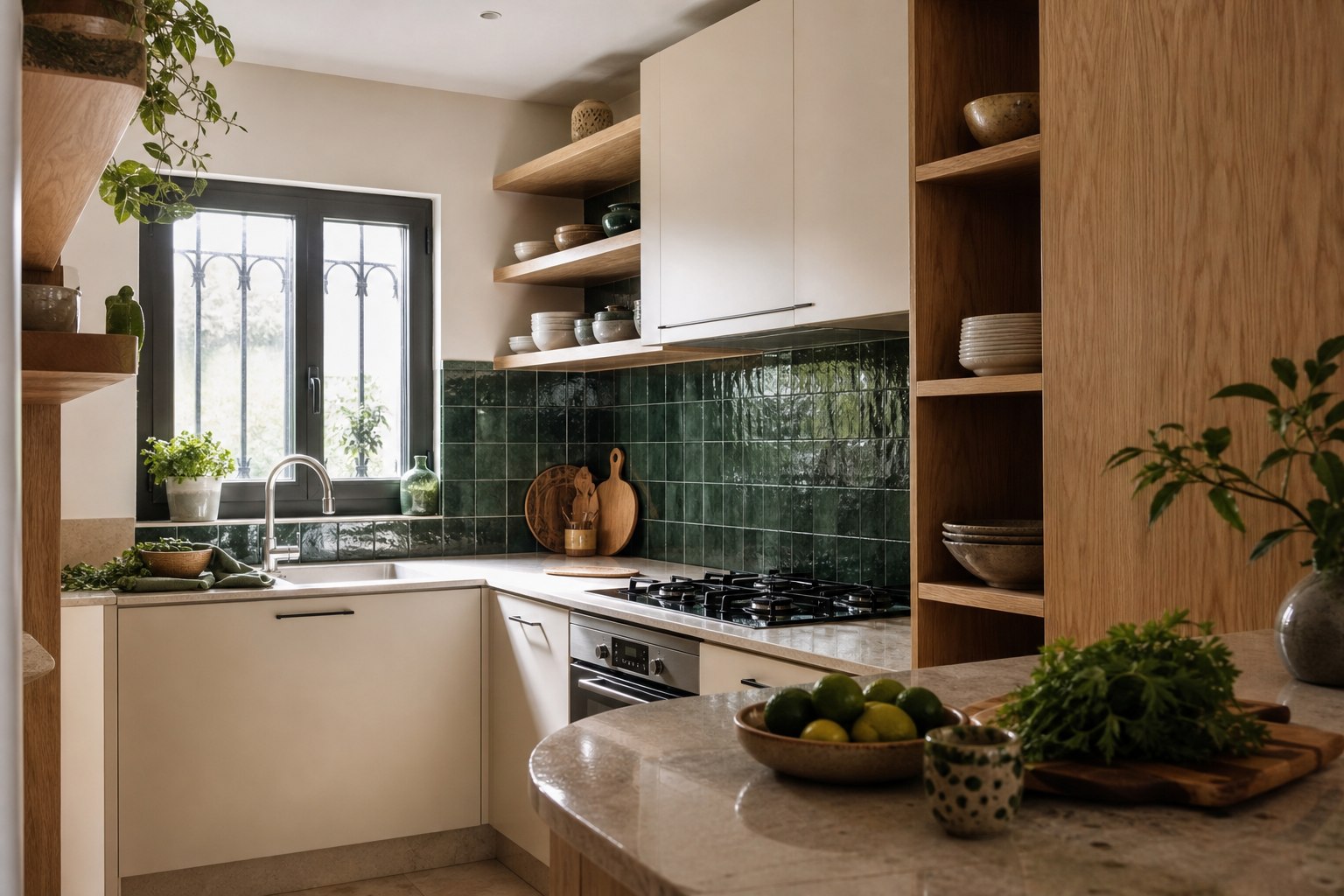 Cuisine moderne avec bois clair et crédence en zellige vert