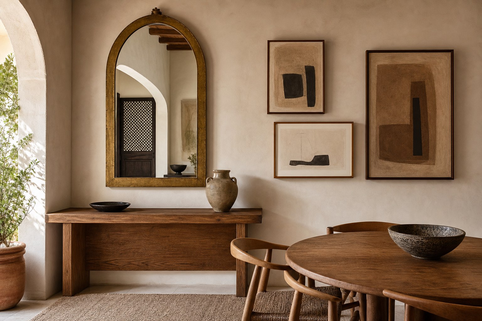 Mur décoré avec miroir en laiton et tableaux abstraits aux tons terre