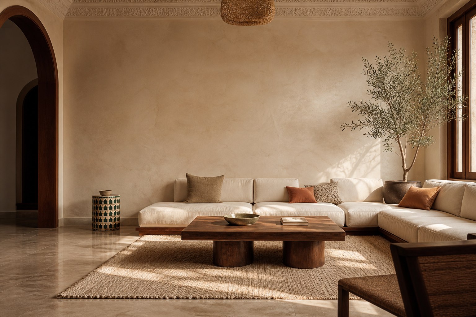 Salon marocain contemporain aux matières naturelles