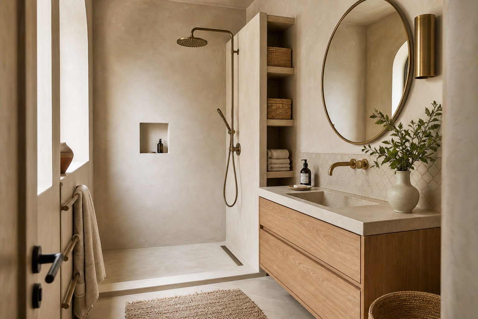 Salle de bain marocaine contemporaine en tadelakt et bois clair
