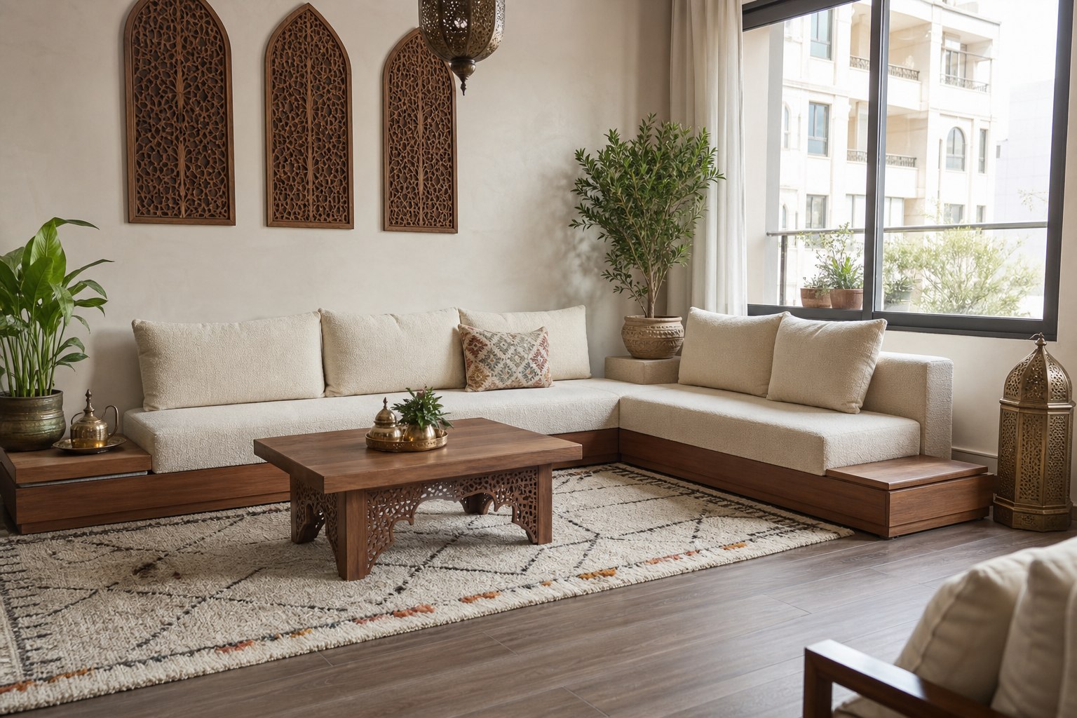 Salon marocain moderne avec banquette écrue et table basse en bois